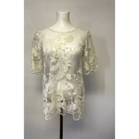 Pol Blouse Womens Small Ivory Sheer Embroidered Shirt Top Floral - Picture 3 of 13